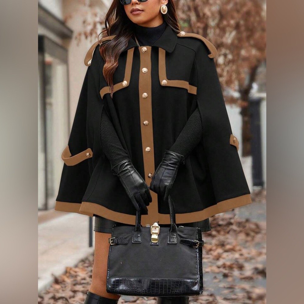 Pre-Owned Black SHEIN Elenzga Raglan Sleeved Woolen Cape Coat w/ Tan Accents